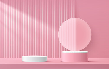 White and pink cylinder pedestal podium, Pink wall scene with transparent glass circle backdrop. Vertical line texture. Vector rendering 3d shape, Product display presentation. Abstract room design.