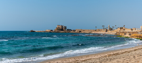 Caesarea National Park overview of ancient ruins and the Mediterranean Sea Israel