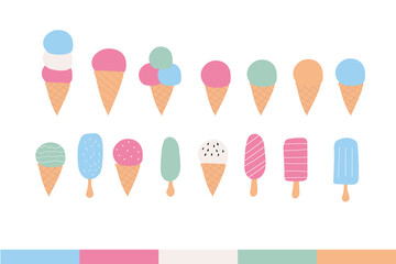 Set of ice cream elements in a cone.
Sweet summer delicacy with different tastes,collection isolated popsicle with different topping.Vector illustration for web,design, print.