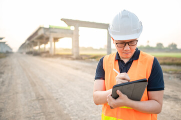 Smart Asian worker man or male civil engineer with protective safety helmet and reflective vest using digital tablet for project planning and checking architectural drawing at construction site.