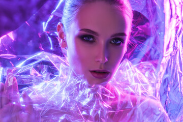 High Fashion model girl in colorful bright neon lights posing in