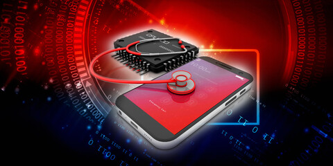 3d rendering microchips with mobile phone protected stethoscope