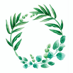 Round wreath with watercolor green leaves of an elongated and oval shape, with open branches, place for text.Hand drawn elements,floral decor for postcards, cosmetics, invitations,showcases,eco food.