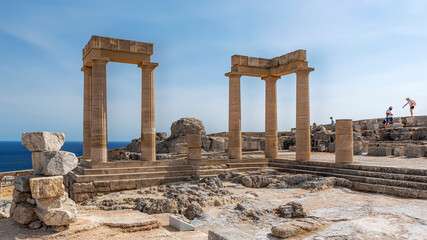 Fototapeta premium Rhodes Acropolis of Lindos Stoa of Psithyros Ruin Editorial Panorama