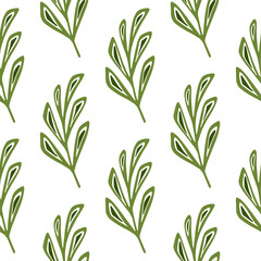Isolated seamless pattern with leaf branch doodle ornament in green tone. White background. Nature print.