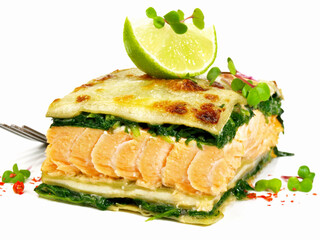 Salmon - Fish Lasagne, isolated on white Background.