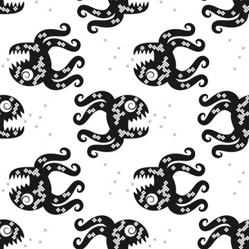 seamless octopus pattern ornament black and white background. Vector image