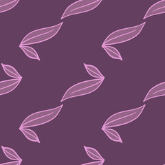 Minimalistic style seamless pattern with contoured outline leaf silhouettes. Purple palette botanic artwork.