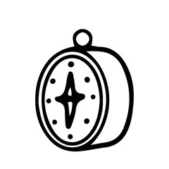Compass hand drawn in doodle style with contour lines on a white background. Tool for navigation and orientation, location. Camping and hiking equipment