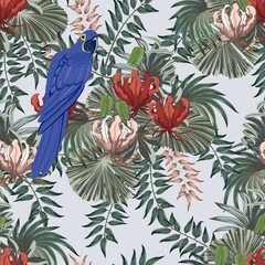 Tropical palm leaves, passiflora, jungle leaves blue macaw seamless vector floral pattern background.