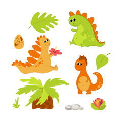 Set of adorable and cute dinosaurs in children's cartoon style. Green and orange prehistoric animal, ancient tree and flower, stones, egg and leaves.