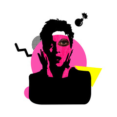 Digital collage. Surprised, amazed, astonished, startled, amused face. Trendy print with eye in pop art style. Media banner for sale. Colorful geometric shapes. Silhouette, shadow of a young woman. 