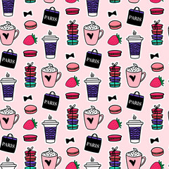 Seamless pattern Paris coffee and macaroons. French style. Surface design. Vector sketch illustration stickers on black background - 431022349