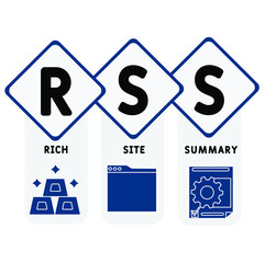 RSS - Rich Site Summary acronym. business concept background.  vector illustration concept with keywords and icons. lettering illustration with icons for web banner, flyer, landing pag