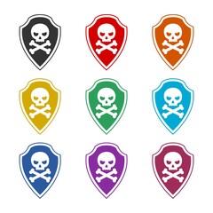 Shield with pirate skull icon isolated on white background color set