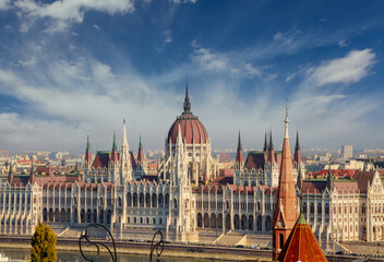 Obraz premium View of the tower Hungarian parliament rooftops of the historic Old Town of Budapest Hungary from a height.