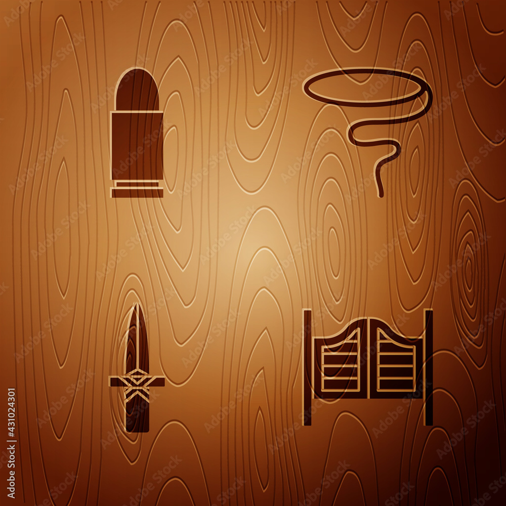 Wall mural set saloon door, bullet, dagger and lasso on wooden background. vector