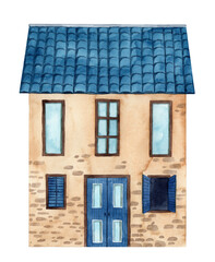 Watercolor hand painted tiny house facade with blue tiled roof