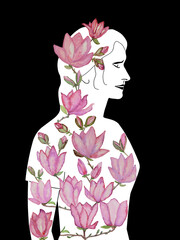 Watching hand painted magnolia flower blossoms in a silhouette of a woman isolated on black. Woman welcoming spring. Nurture spring in your soul