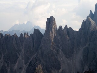 Alpine panorama of Cadini di Misurina mountain range group from Tre Cime di Lavaredo in Dolomites South Tyrol Italy alps