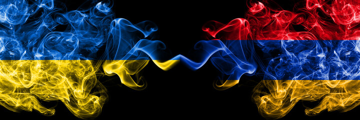 Ukraine, Ukrainian vs Armenia, Armenian smoky mystic flags placed side by side. Thick colored silky...