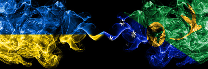 Ukraine, Ukrainian vs Australia, Australian, Christmas Island smoky mystic flags placed side by side. Thick colored silky abstract smokes flags.