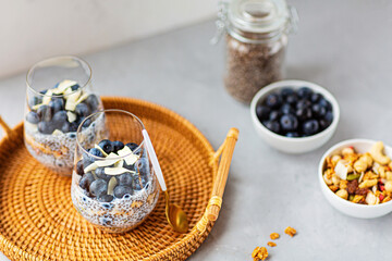 Fototapeta na wymiar Chia pudding with granola and fresh blueberries in the glasses on a gray concrete background with copy space. Concept of healthy eating, healthy lifestyle, dieting, fitness menu. Selective focus