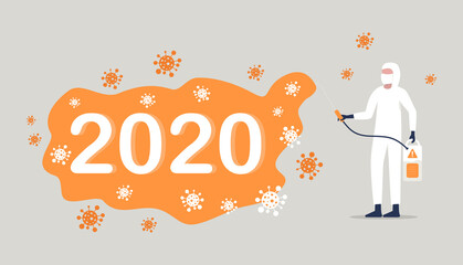 CAVID-19 coronavirus a worker in a protective suit sprays a disinfectant chemical to disinfect the viral pathogen.