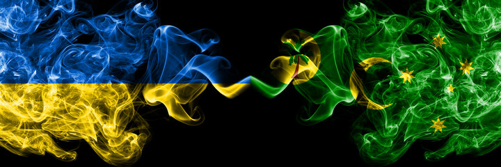 Ukraine, Ukrainian vs Australia, Australian, Cocos Islands smoky mystic flags placed side by side. Thick colored silky abstract smokes flags.