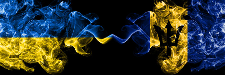 Ukraine, Ukrainian vs Barbados, Barbadian smoky mystic flags placed side by side. Thick colored silky abstract smokes flags.