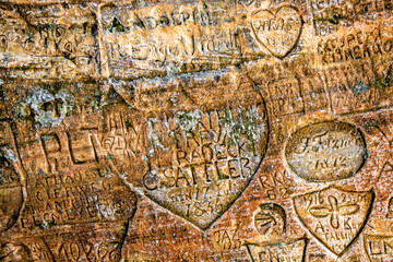 Carvings in Gutmana cave near Sigulda, Latvia