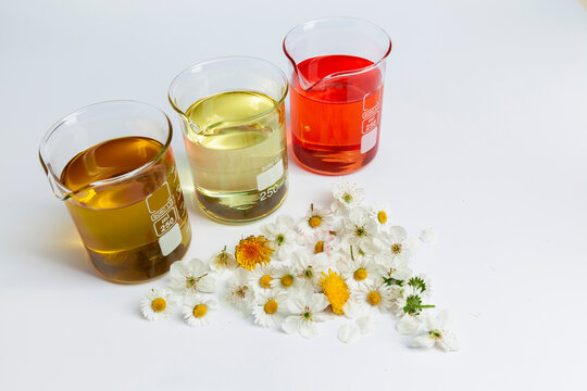 cosmetic natural oils in chemical glass jars
