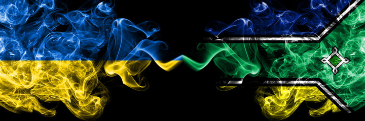 Ukraine, Ukrainian vs Brazil, Brazilian, Amapa smoky mystic flags placed side by side. Thick colored silky abstract smokes flags.