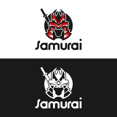 red Samurai with Katana Mascot Logo, Head of Aggressive Samurai Warrior Vector, sword japan