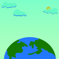 The planet on a background of blue sky with rain clouds and the sun. Suitable for book covers, educational literature. There is a place to insert text.