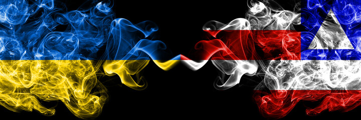 Ukraine, Ukrainian vs Brazil, Brazilian, Bahia smoky mystic flags placed side by side. Thick colored silky abstract smokes flags.