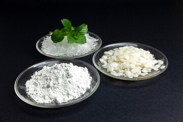 raw materials for the cosmetics industry, mint crystal, wax, powder