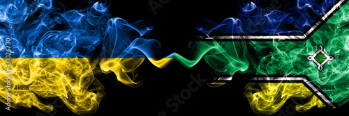 Ukraine, Ukrainian vs Brazil, Brazilian, Amapa smoky mystic flags placed side by side. Thick colored silky abstract smokes flags.