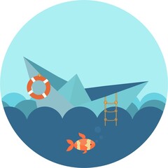 A paper boat floats on the waves. Round illustration. The fish is blowing bubbles. A rope ladder descends into the sea. A lifeline. Blue sky. Sea voyage. Adventure.  cruise. Icon