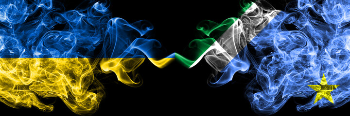 Ukraine, Ukrainian vs Brazil, Brazilian, Mato Grosso do Sul smoky mystic flags placed side by side. Thick colored silky abstract smokes flags.