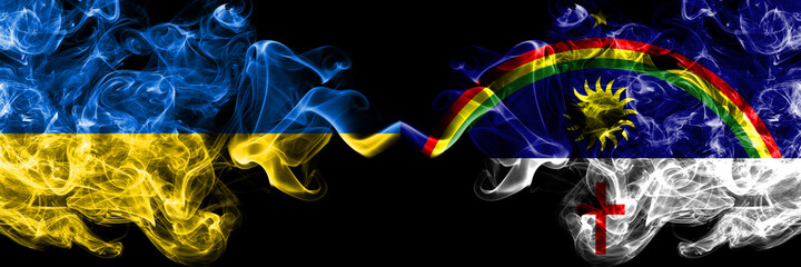 Ukraine, Ukrainian vs Brazil, Brazilian, Pernambuco smoky mystic flags placed side by side. Thick colored silky abstract smokes flags.