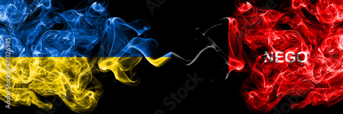 Ukraine, Ukrainian vs Brazil, Brazilian, Paraiba smoky mystic flags placed side by side. Thick colored silky abstract smokes flags.