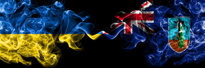 Ukraine, Ukrainian vs British, Britain Montserrat smoky mystic flags placed side by side. Thick colored silky abstract smokes flags.