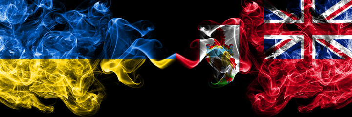 Ukraine, Ukrainian vs British, Britain, Bermuda smoky mystic flags placed side by side. Thick colored silky abstract smokes flags.