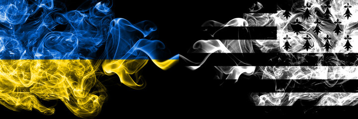 Ukraine, Ukrainian vs Brittany, Bretagne, Bretons smoky mystic flags placed side by side. Thick colored silky abstract smokes flags.