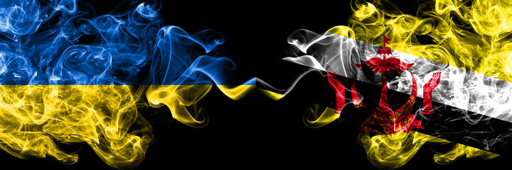 Ukraine, Ukrainian vs Brunei, Bruneian smoky mystic flags placed side by side. Thick colored silky abstract smokes flags.