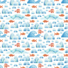 Light seamless pattern with sea waves and red fish. Summer wallpaper on a marine theme. Hand drawn watercolor background for fabrics, textiles, wrapping paper, design and decoration.