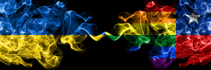 Ukraine, Ukrainian vs Chile, Chilean, Gay smoky mystic flags placed side by side. Thick colored silky abstract smokes flags.