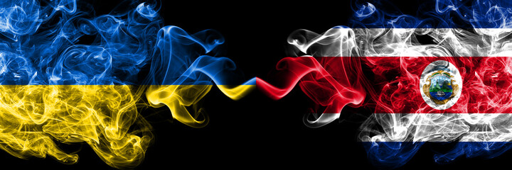Ukraine, Ukrainian vs Costa Rica, coat smoky mystic flags placed side by side. Thick colored silky abstract smokes flags.