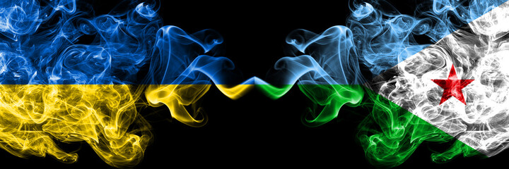 Ukraine, Ukrainian vs Djibouti, Djiboutian smoky mystic flags placed side by side. Thick colored silky abstract smokes flags.